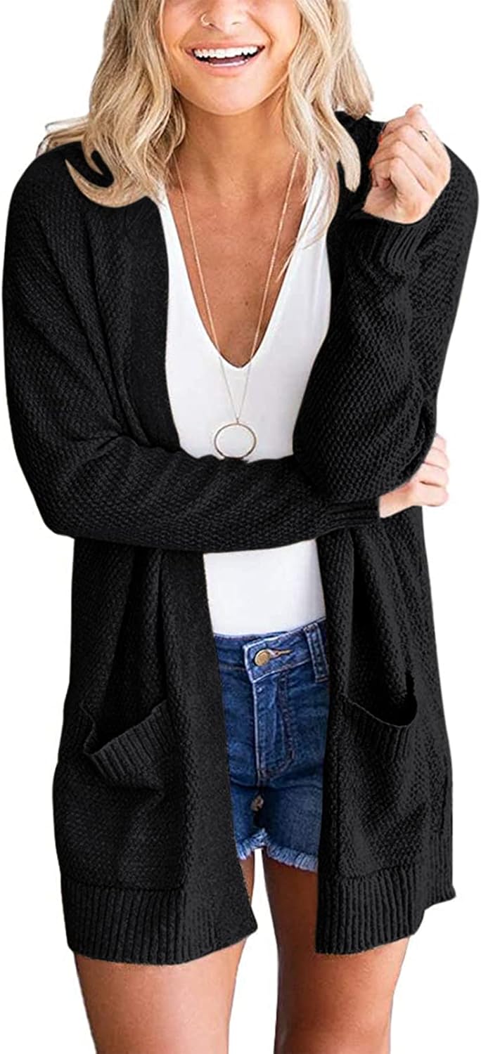 Waffle Knit Cozy Cardigan Sweater with Pockets for Women