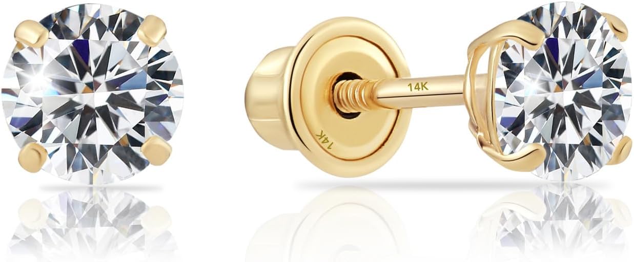 14k Yellow Gold Solitaire Round Cubic Zirconia Stud Earrings