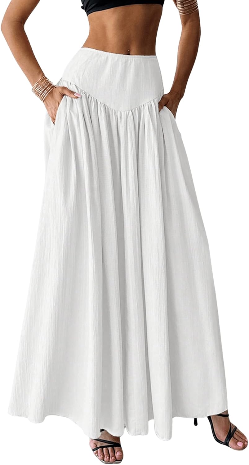 Pleated Flowy Long Skirts for Women - High Waist Maxi Skirt