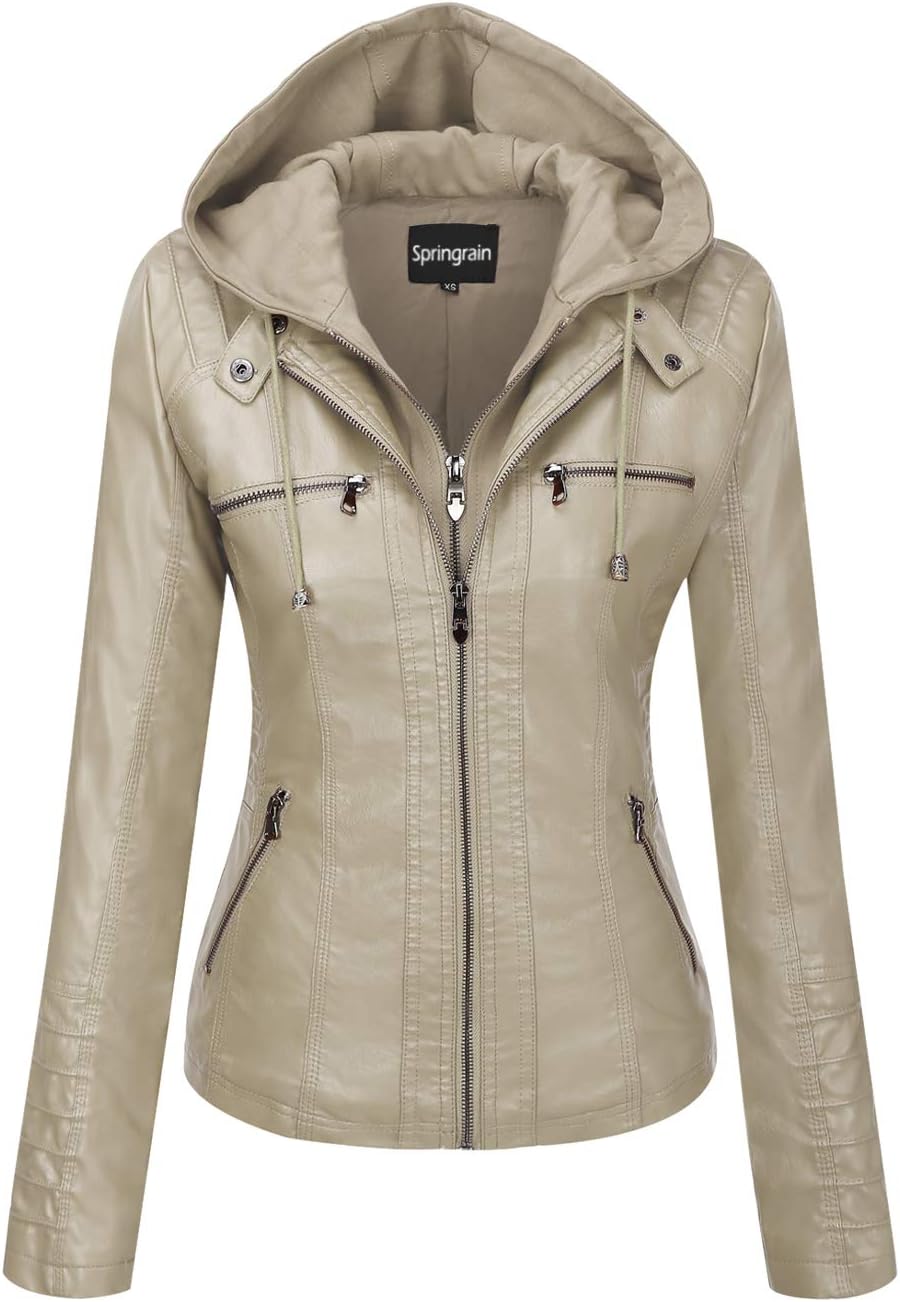 Springrain Women's Faux Leather Moto Biker Jacket with Hood