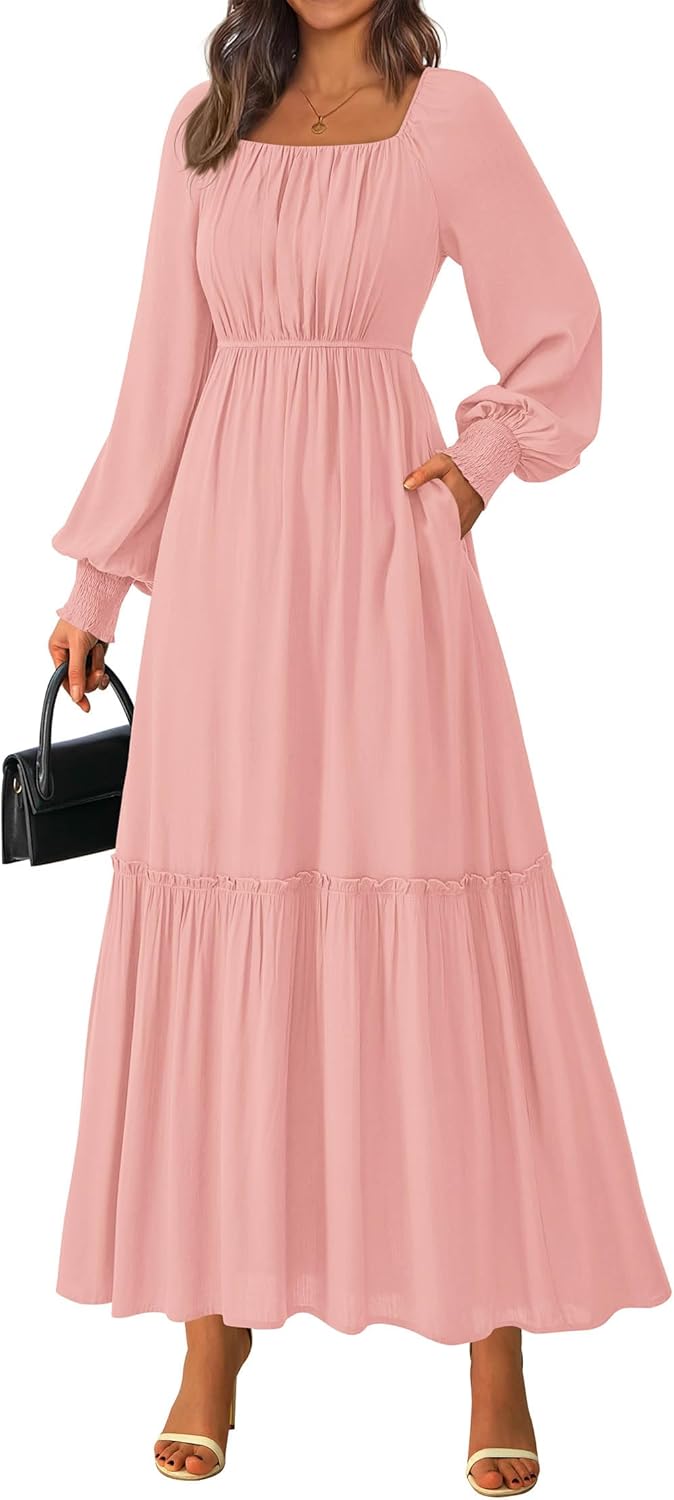 KIRUNDO Casual Fall Dresses for Women - Flowy Long Sleeve Maxi