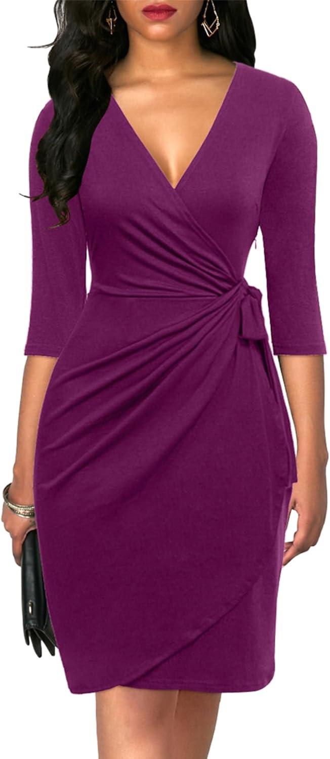 Berydress Women's Classic 3/4 Sleeve V Neck Sheath Dress