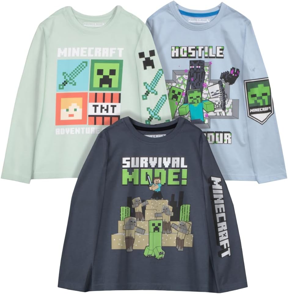 Minecraft Boy's Long Sleeve T-Shirt 3-Pack for Young Gamers