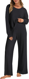 Women 2 Piece Lounge Pajamas Set Ribbed Knit Loose Fit - Cozy Fall Set