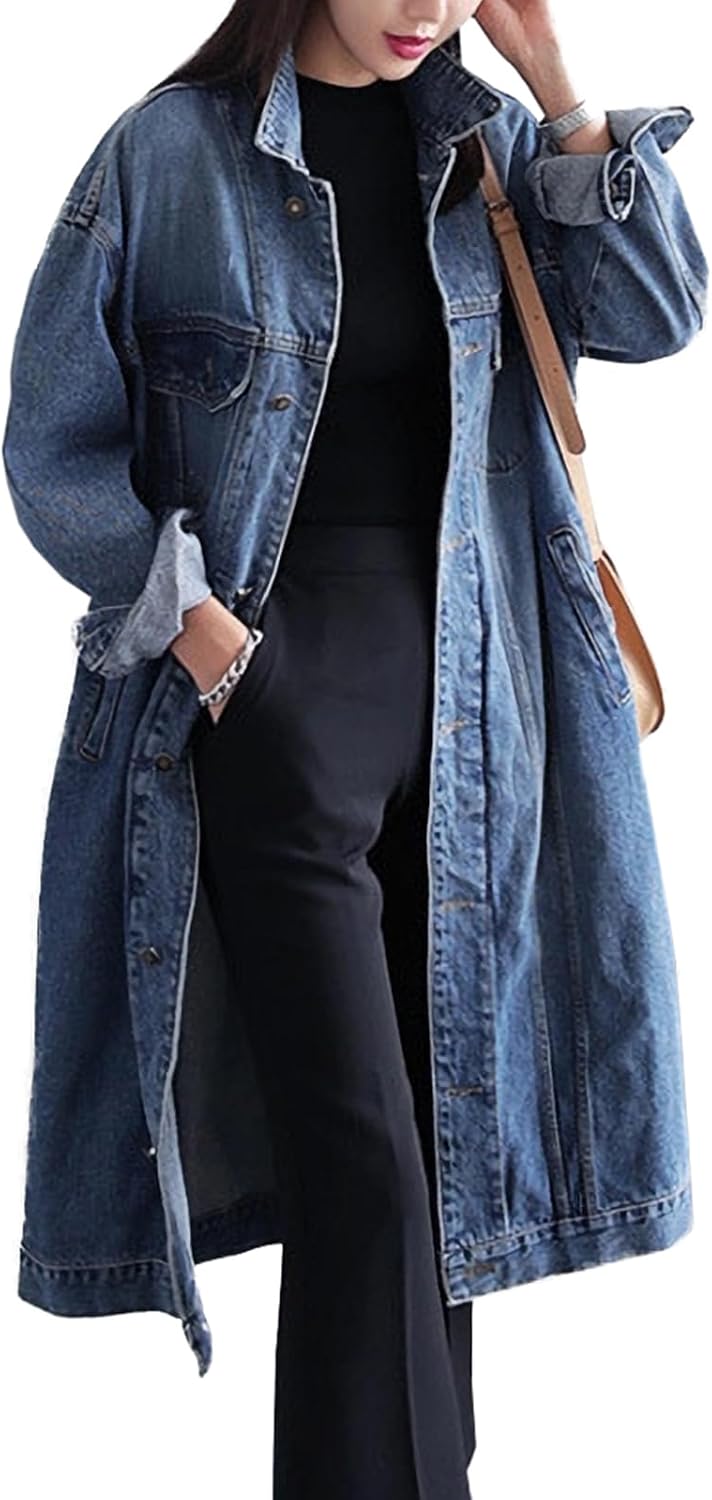 Womens Classic Jean Jacket Plus Size Long Sleeve Denim Coat