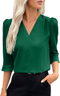 EVALESS Women's 3/4 Sleeve Pleated V Neck Top - Versatile Work Blouse