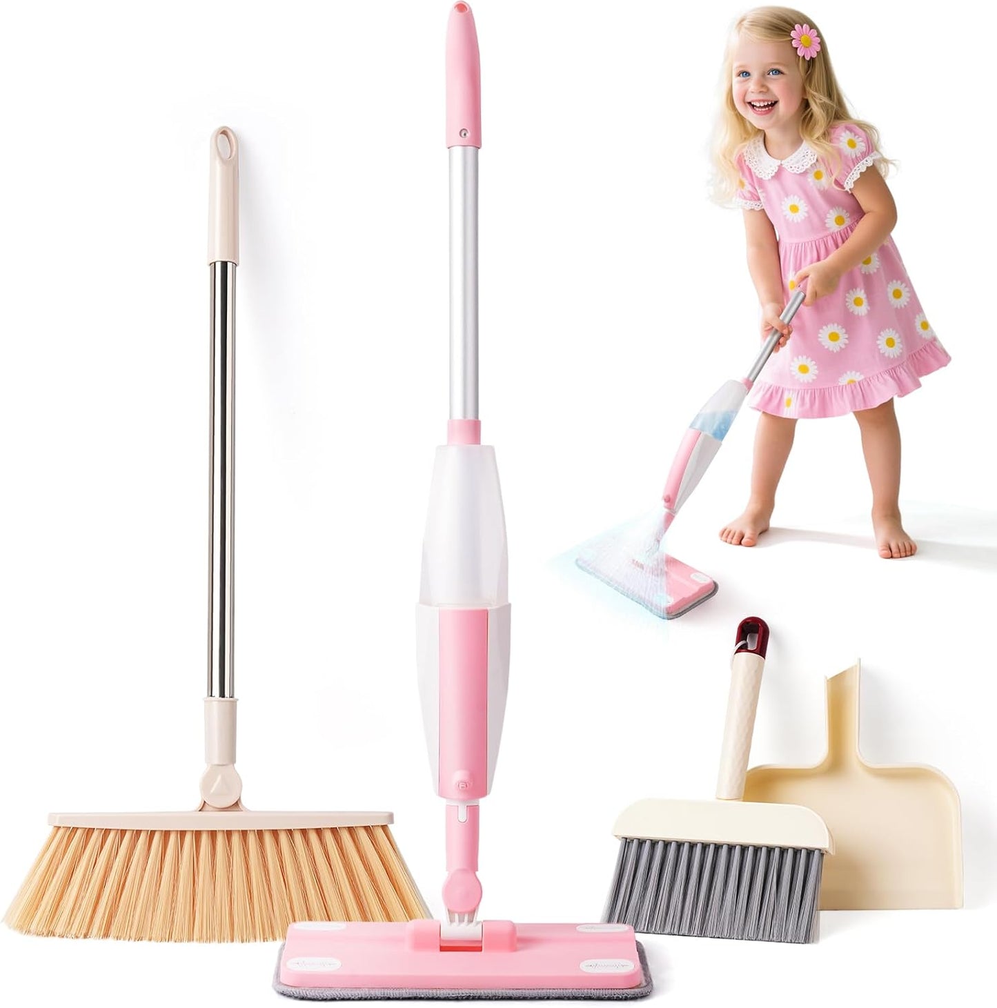 Kids Cleaning Toy Set with Pink Mini Spray Mop for Fun Play