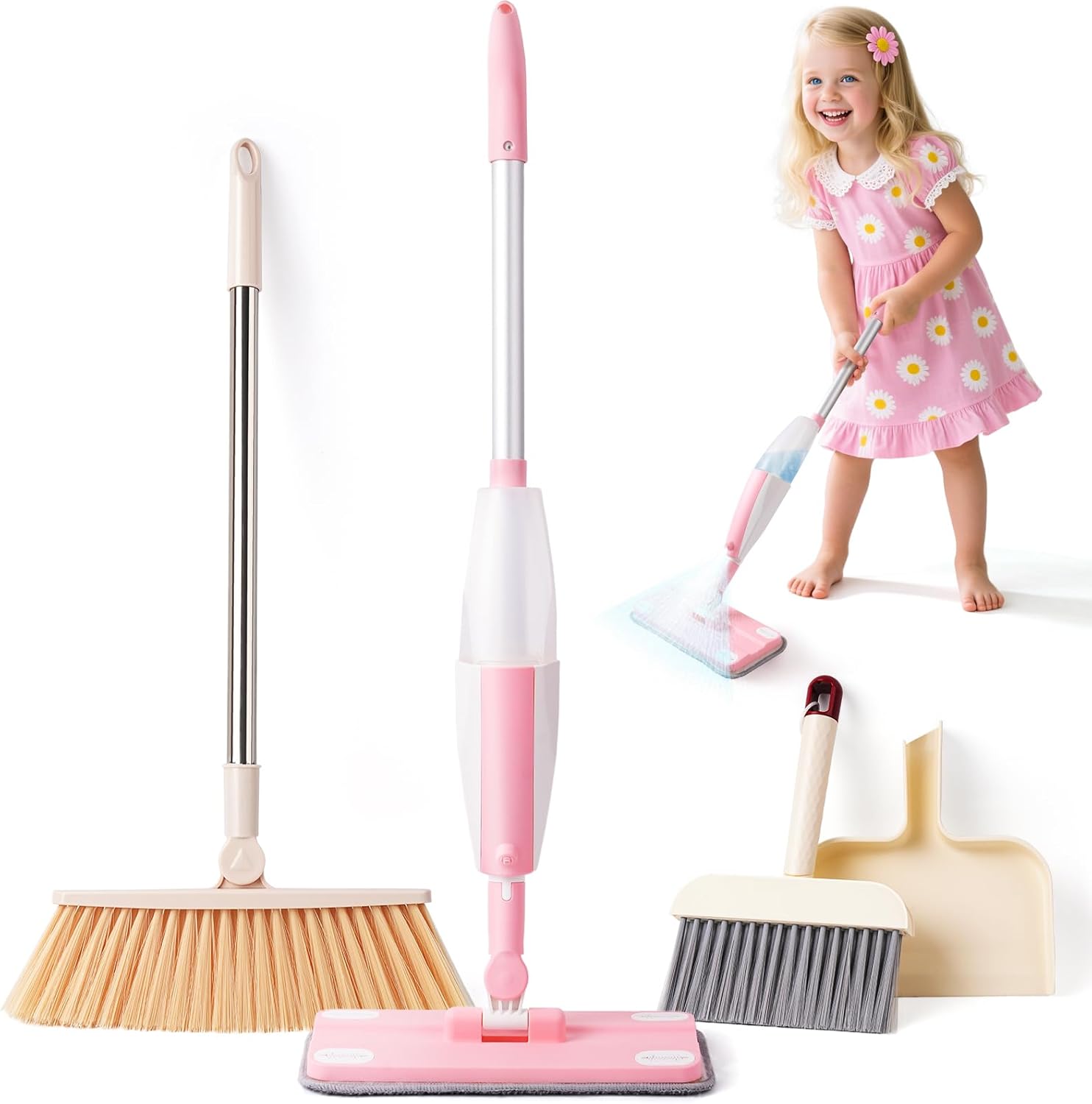 Kids Cleaning Toy Set with Pink Mini Spray Mop for Fun Play