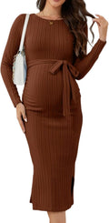 Crewneck Rib Knit Maternity Sweater Dress with Belt - Warm Stretch