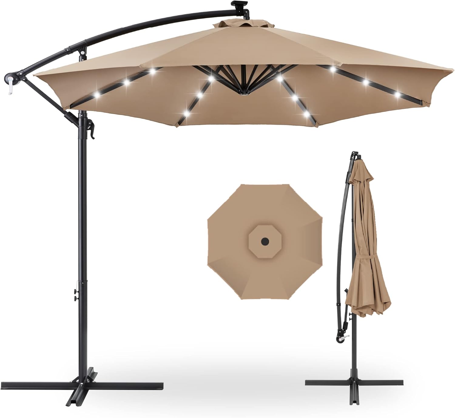 10ft Solar LED Offset Hanging Market Patio Umbrella for Outdoors