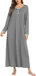 Women's Long Sleeve Nightgown Full Length Sleepwear - Henley Style