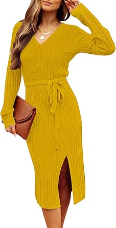Stylish V Neck Cable Knit Sweater Dress for Women by MEROKEETY