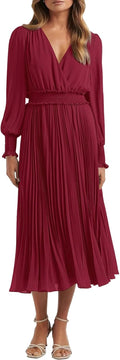 PRETTYGARDEN Wrap V Neck Pleated Midi Dress - Elegant Everyday