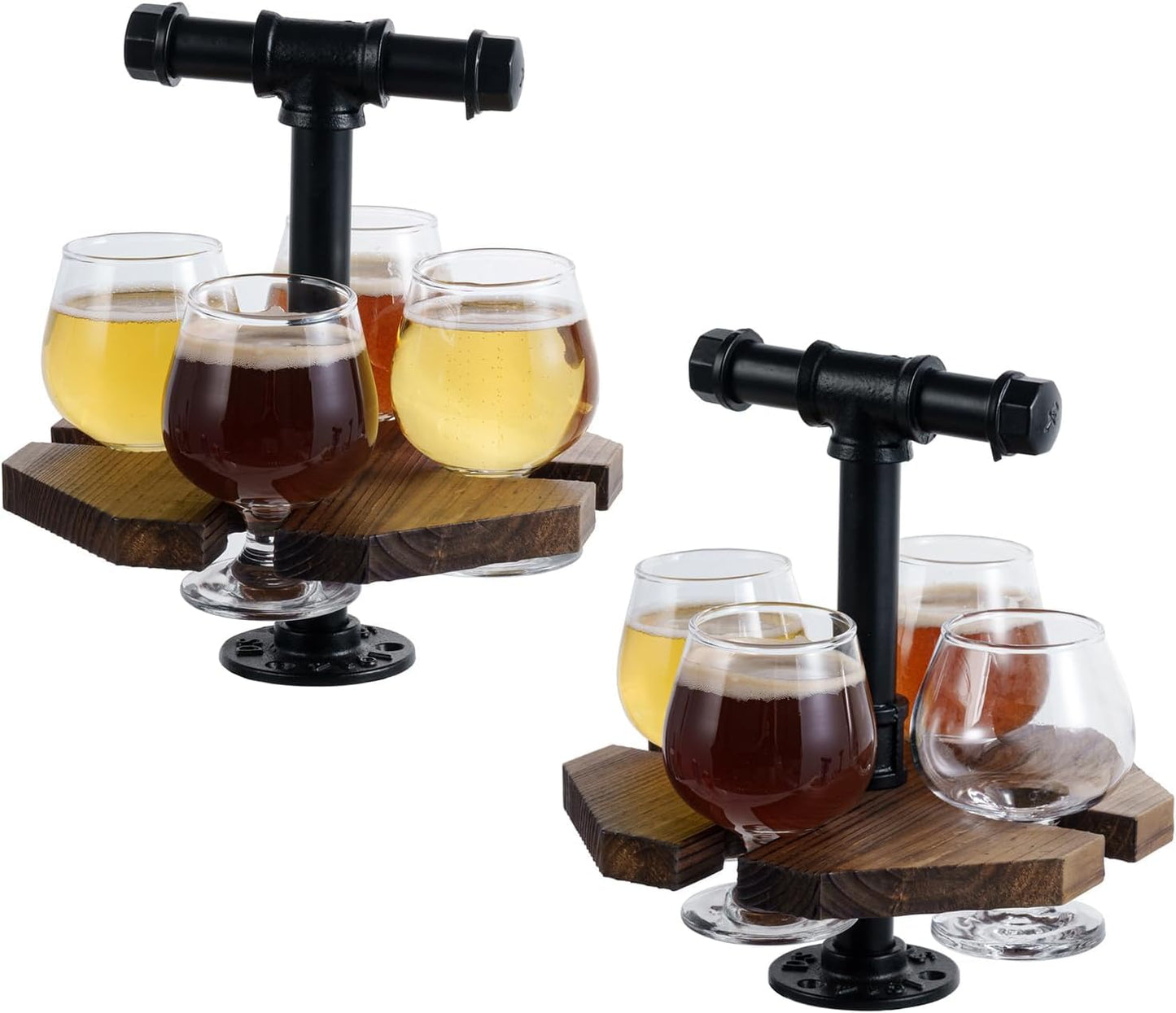 MyGift Solid Burnt Wood Serving Beer Whiskey Flight Set Tray