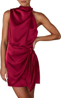PRETTYGARDEN Satin Mock Neck Tie Waist Short Dress - Flattering Fit