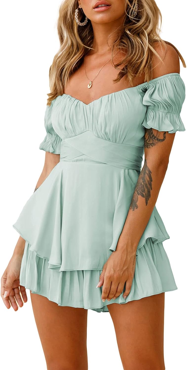 Boho Floral Off Shoulder Ruffle Chiffon Jumpsuit for Women