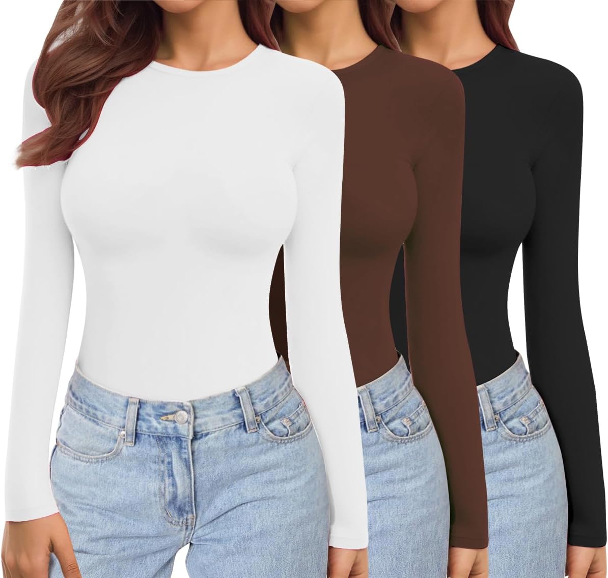 Ekouaer Womens Long Sleeve Shirts Crew Neck Stretch Fitted Tops