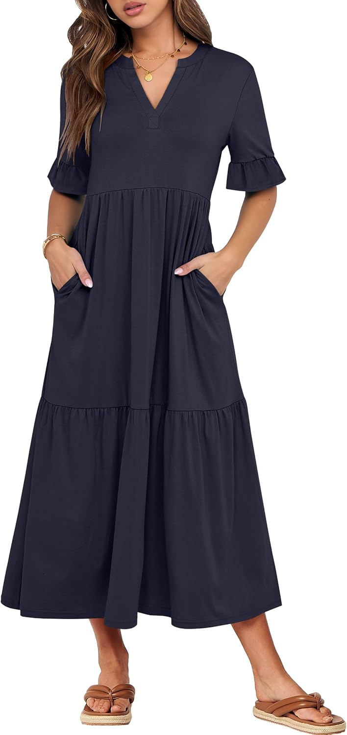 ANRABESS Women's Casual Summer Ruffle Short Sleeve Maxi Dress
