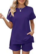 Womens Fashion 2 Piece Summer Loungewear Set - Short Sleeve Lounge
