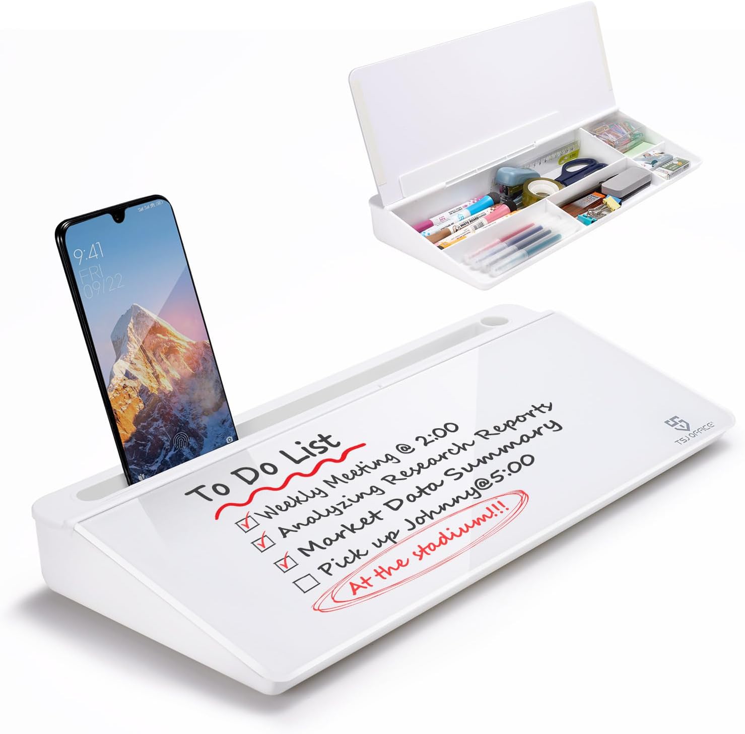 TSJ Office Glass Whiteboard - Dual Function Desk Organizer