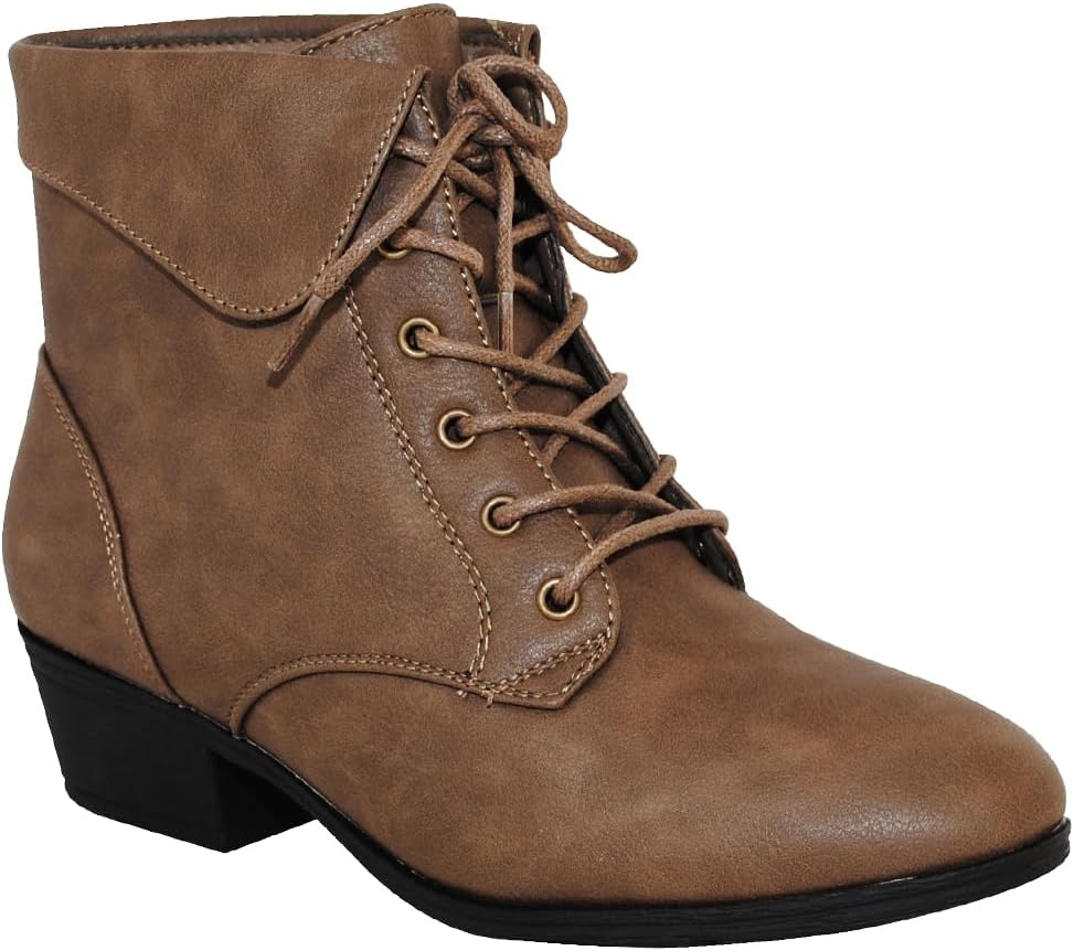 TOP Moda EC89 Women's Foldover Lace Up Low Chunky Heel Booties
