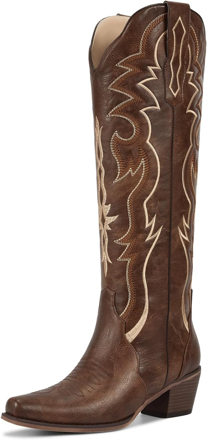 Knee High Cowboy Boots for Women with Retro Embroidery Style