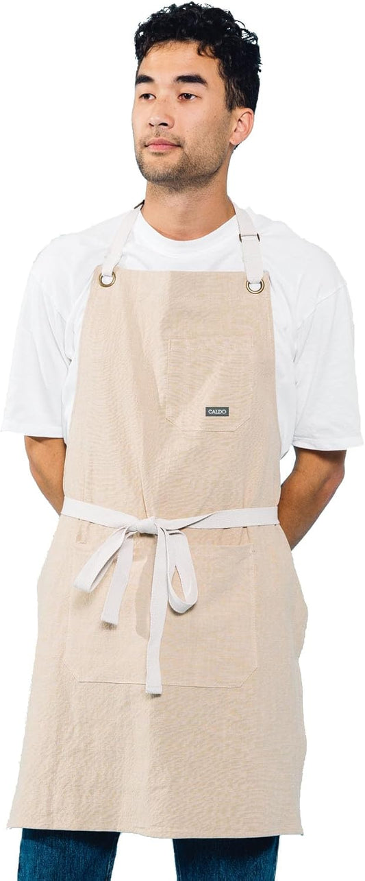 Caldo Linen Kitchen Apron for Cooking - Adjustable Bib Apron