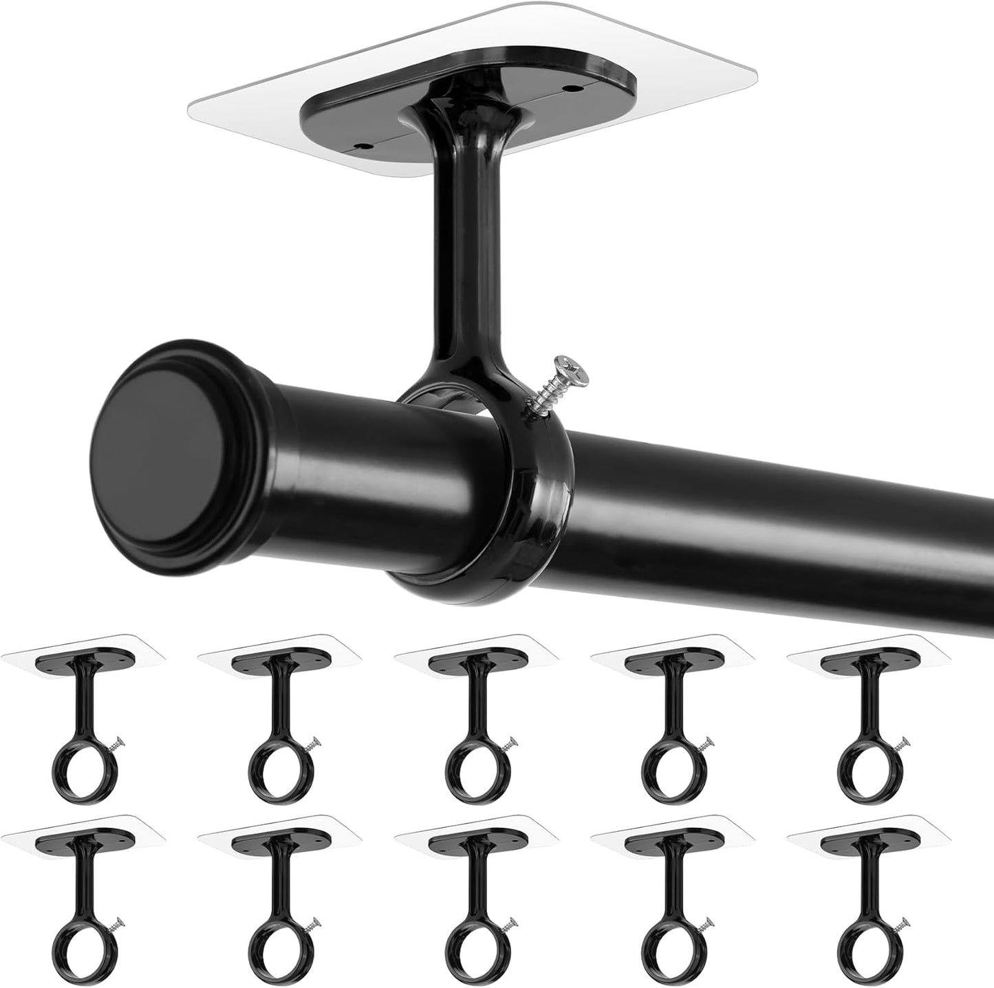 10 Pack Black Ceiling Mount Adhesive Curtain Rod Brackets - No Drill & Adjustable!