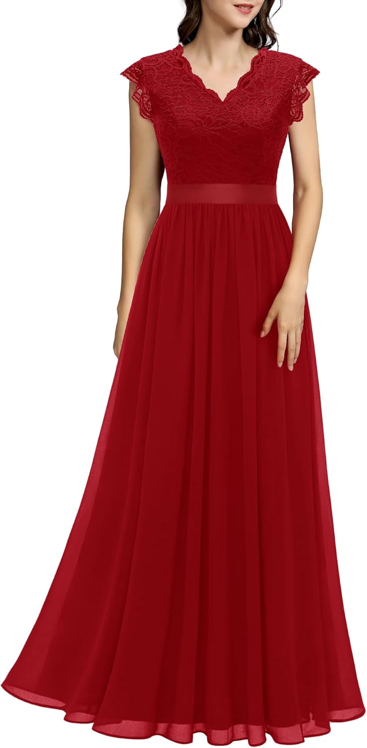 Elegant V Neck Sleeveless Lace Bridesmaid Dress for Weddings