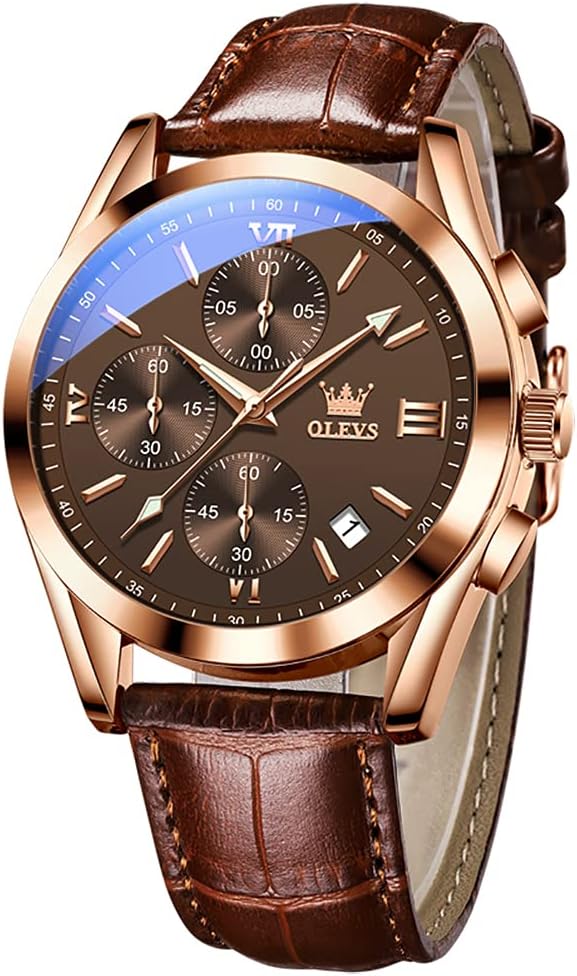 OLIVES Men's Chrono Leather Watch - Waterproof Luminous Dial