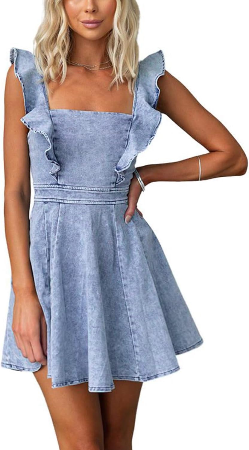 Stylish Denim Dress for Women with Ruffle Adjustable Straps