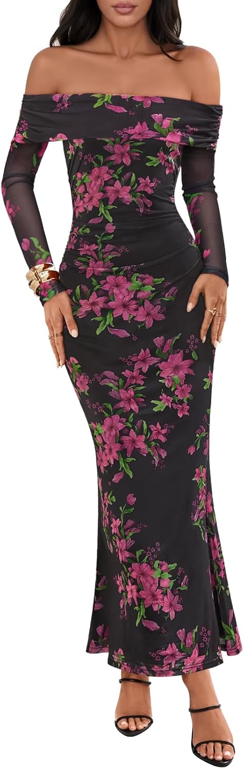 Stylish Off Shoulder Floral Maxi Dress for Formal Occasions
