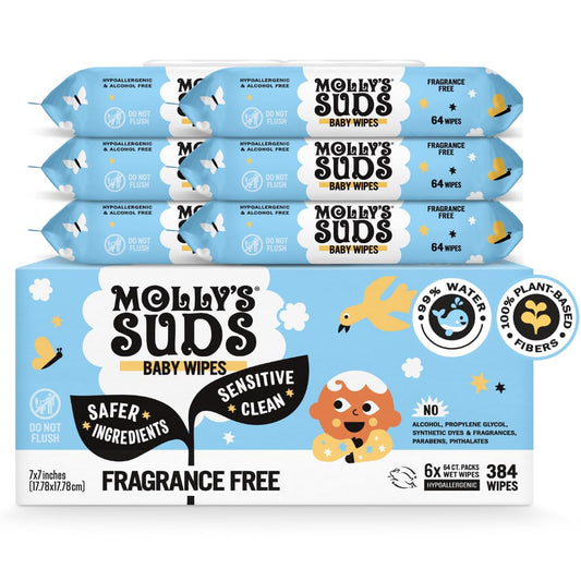 Molly's Suds Plant-Based Baby Wipes | Gentle, Fragrance-Free | 384 Wipes
