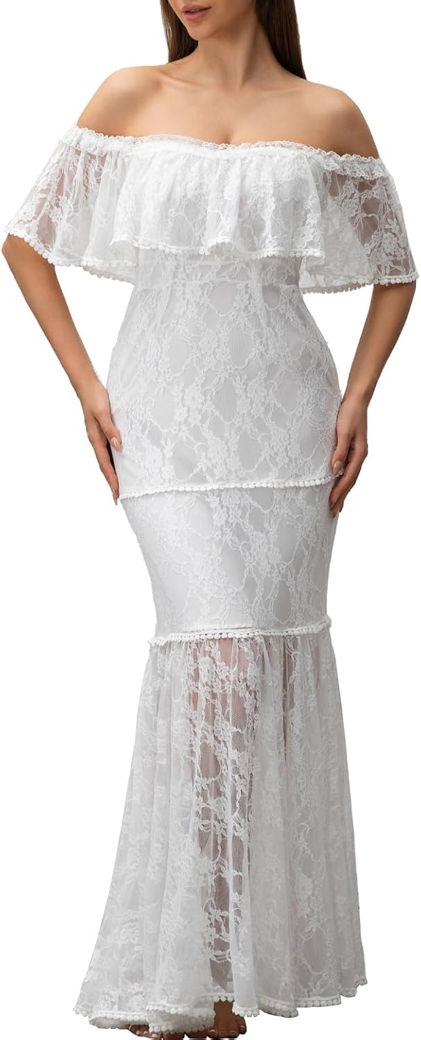 Stunning Off The Shoulder Floral Lace Maxi Dress for Events