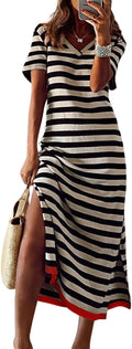 Women's Color Block Striped Maxi Dress - Flattering Summer Tee Dress
