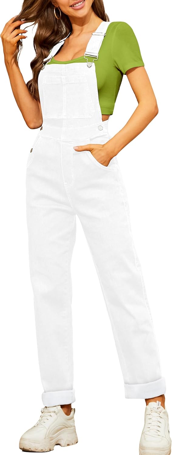 Stylish White Bib Overalls for Women - Adjustable Jean Jumpsuit
