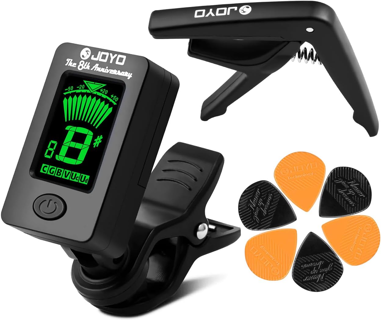 JOYO Clip-On Guitar Tuner & Capo Set + Picks - Easy Tuning for Various Instruments