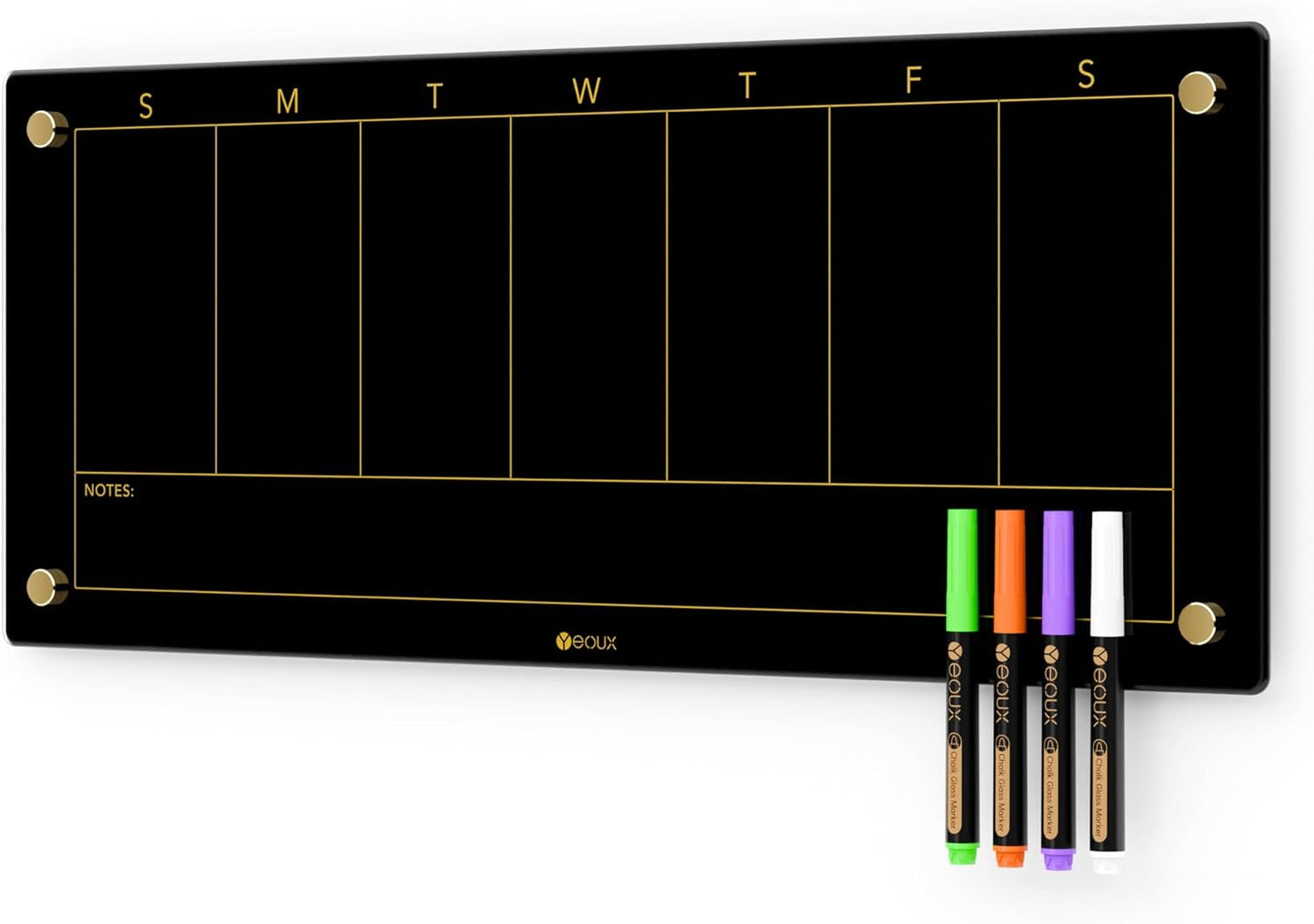 Black Glass Golden Weekly Dry Erase Calendar for Home Office