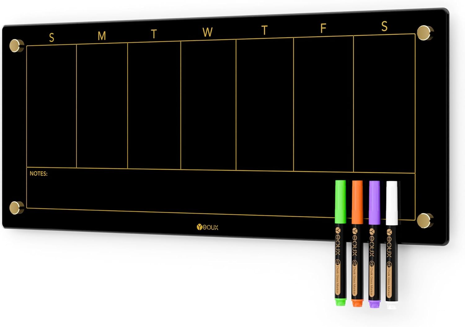Black Glass Golden Weekly Dry Erase Calendar for Home Office