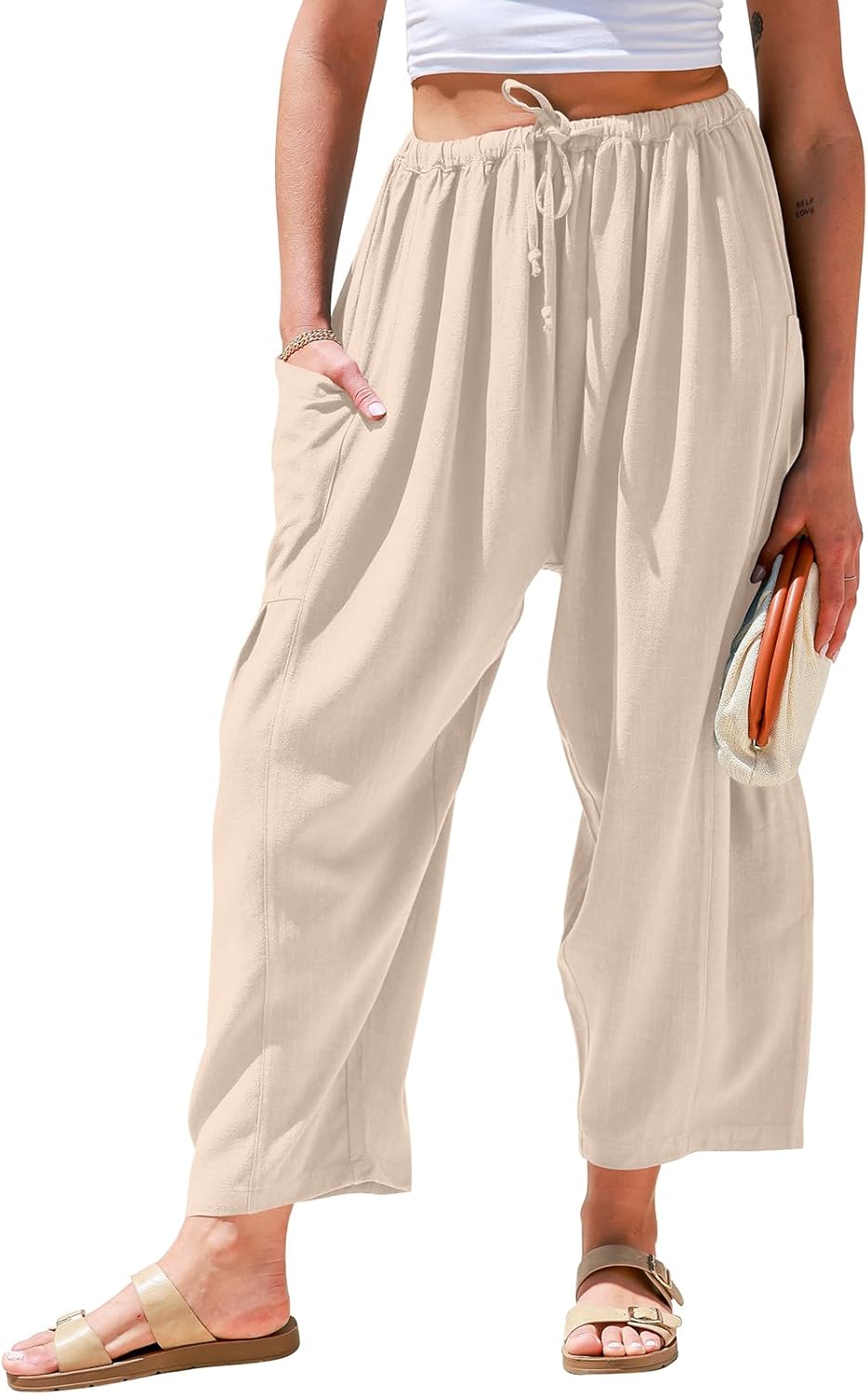 Womens Linen Wide Leg Pants for Casual Summer Beach Travel