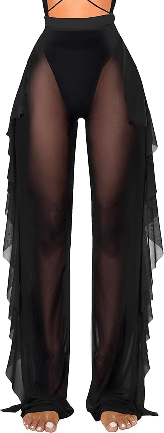 Jumppmile Women's Ruffle Sheer Mesh Swimwear Cover Up Pants