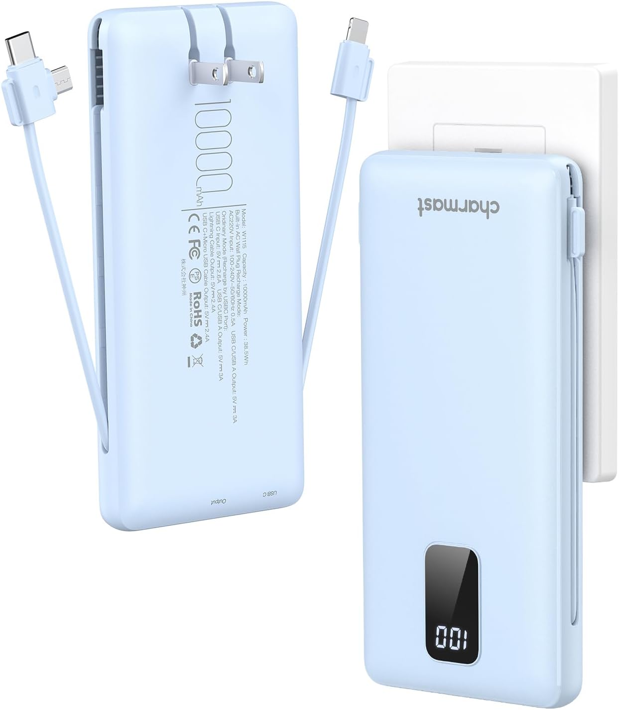 Charmast 10000mAh Portable Charger: Built-in Cables & Wall Plug - Travel Essential