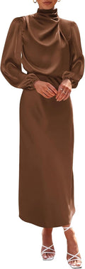Womens Mock Neck Satin Dress Maxi - Long Sleeve Formal Evening