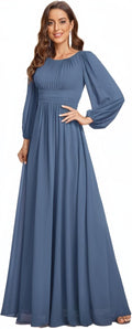 Ever-Pretty Women's Crewneck Long Lantern Sleeves A-Line Chiffon Dress