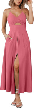 Spaghetti Strap Midi Dress with Cutout and Pockets - Flowy