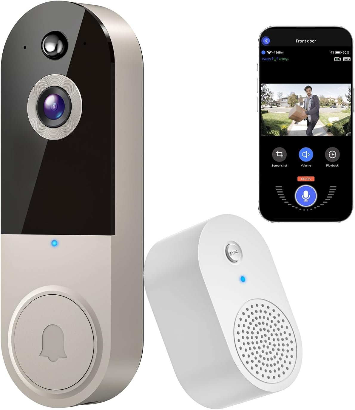 1080P Wireless Doorbell Camera: AI Human Detection, Cloud Storage, Night Vision