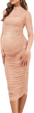 Maternity Mesh Bodycon Dress for Wedding Guest - Elegant Champagne Fit