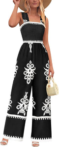 Womens Shirred Strap Wide Leg Jumpsuit - Boho Summer Romper