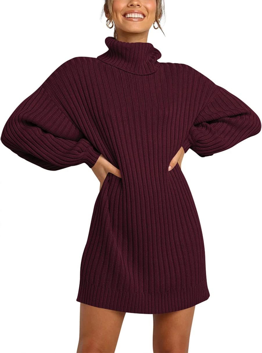 Oversized Sweater Dress for Women - Turtleneck Batwing Style