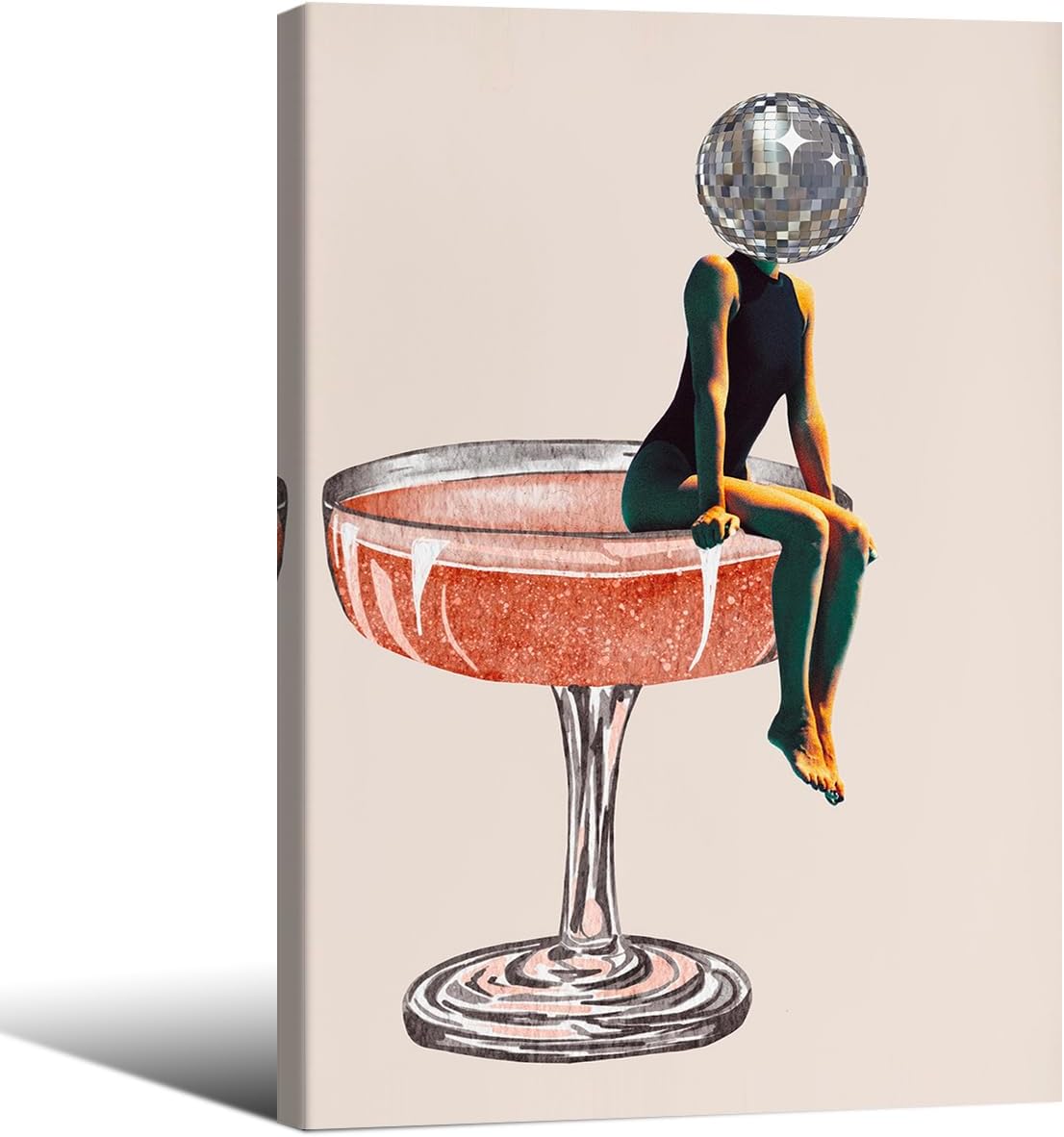 Funky Disco Ball Girly Head Poster Retro Cocktail Canvas Art